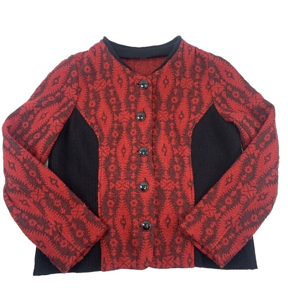 Pendleton Wool Cardigan Sweater Button Red Aztec Ribbed Black Womens Petite XL - Picture 1 of 10